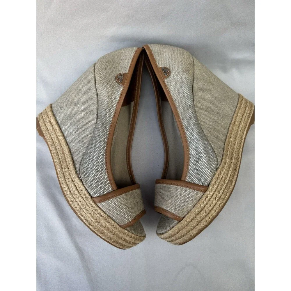Tory Burch Majorca Canvas Espadrille Wedge Peep Toe Shoes Size 39 - 8-8.5M